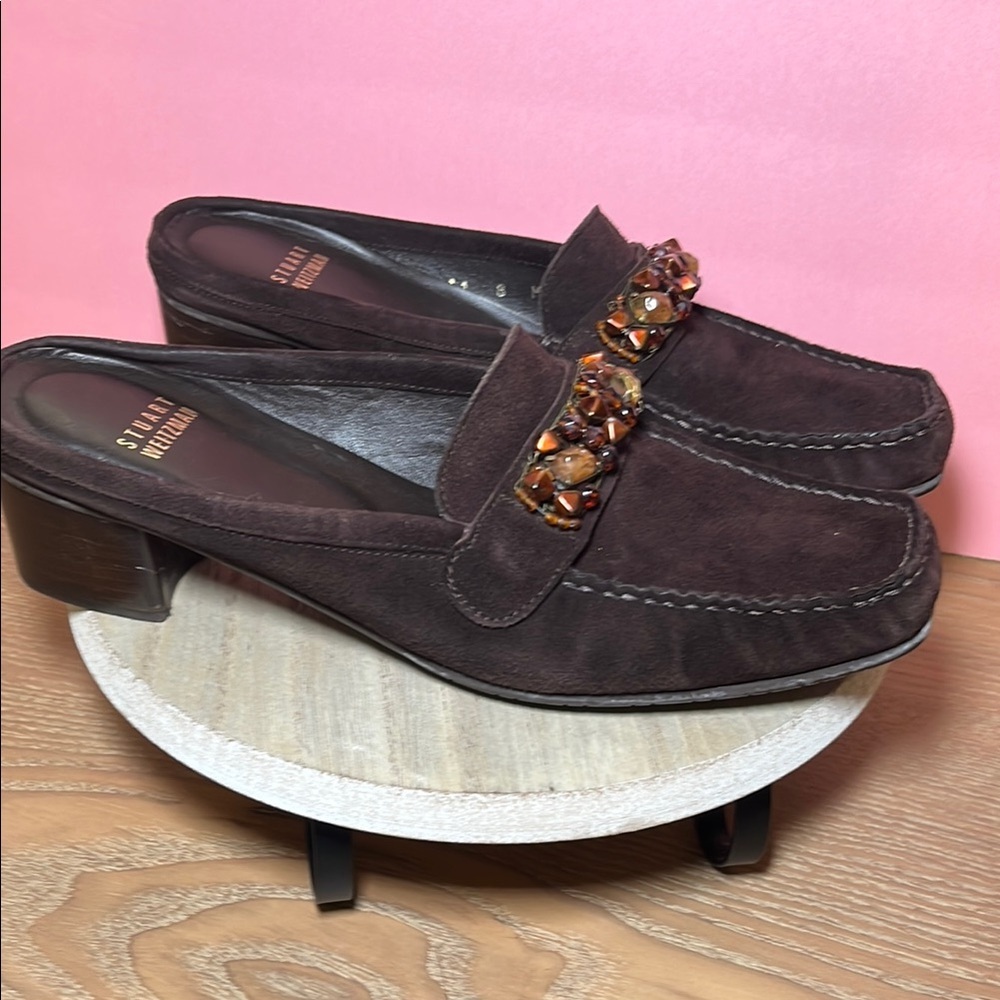 Stuart Weitzman Brown Suede Jeweled Mules Sz 8 Slip On Career Maximalist Fall